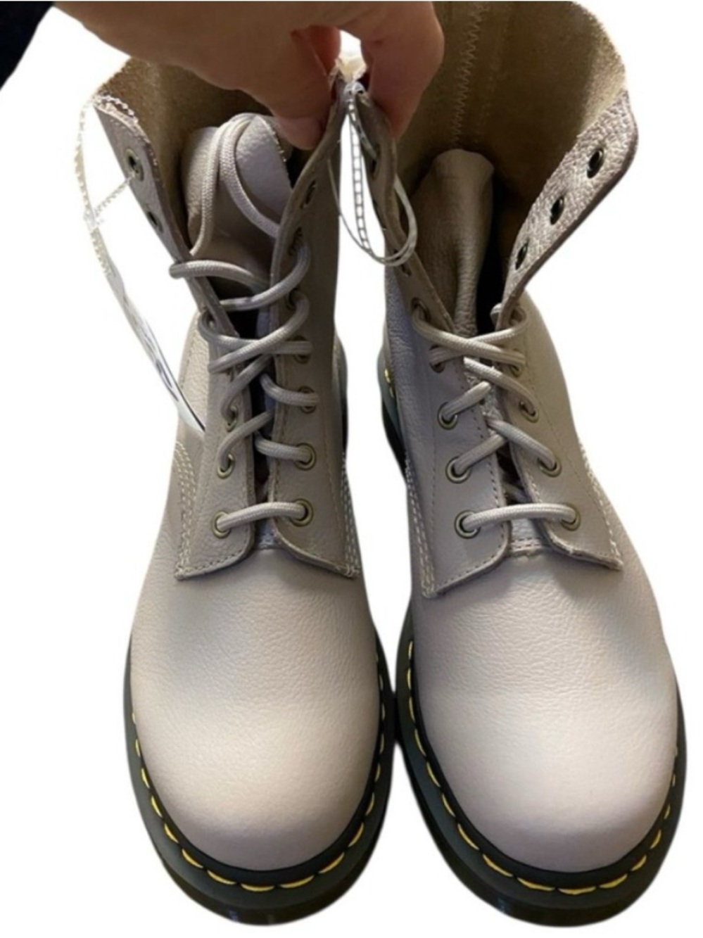 Dr. Martens Light Cream Leather Lace-Up Boots with Yellow Welt Stitching Sz 10